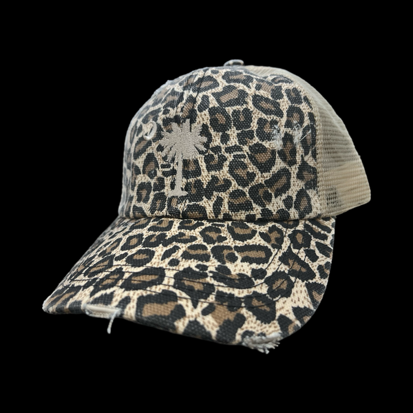 Palmetto Moon Distressed Criss Cross Leopard Print Ponytail Opening Relaxed Trucker Hat