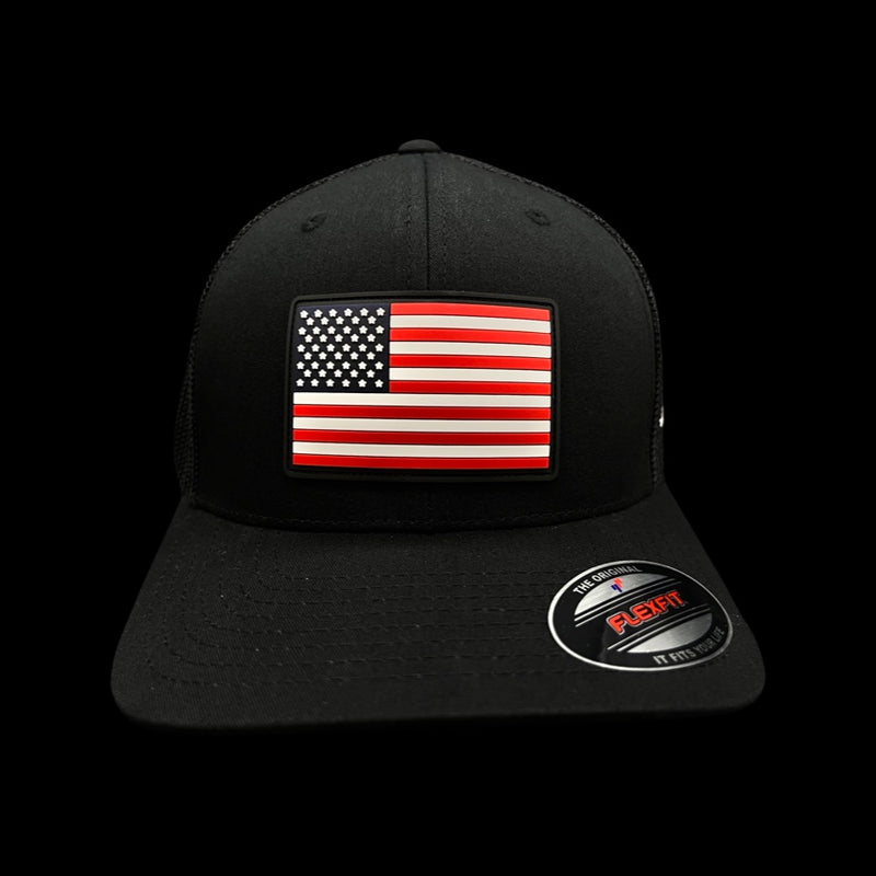 Flexfit Black Old Glory Performance PVC Patch Fitted Trucker Hat