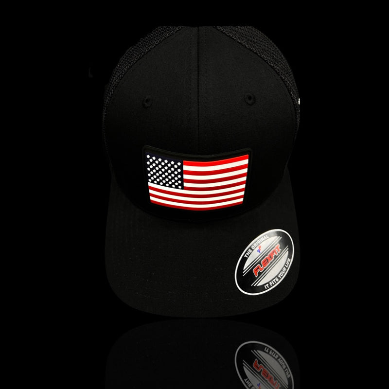 Flexfit Black Old Glory Performance PVC Patch Fitted Trucker Hat