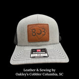 803 Richardson Heather Grey Black Genuine Leather Patch Trucker