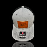 803 Richardson Heather Grey Black Genuine Leather Patch Trucker