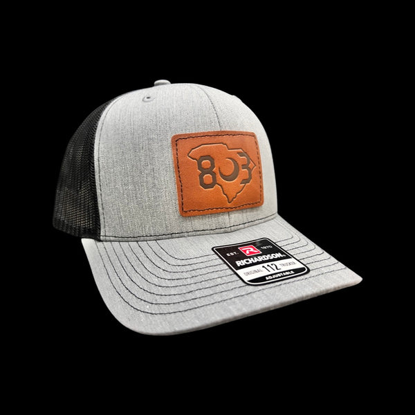 803 Richardson Heather Grey Black Genuine Leather Patch Trucker