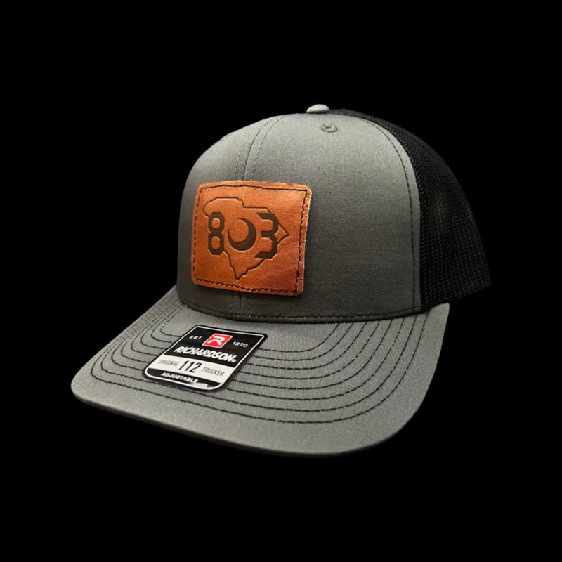 803 Richardson Charcoal Black Genuine Leather Patch Trucker