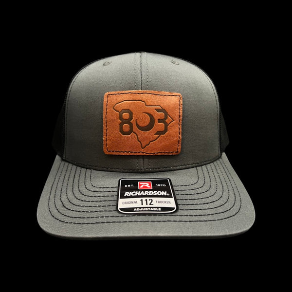 803 Richardson Charcoal Black Genuine Leather Patch Trucker