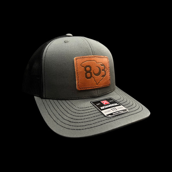 803 Richardson Charcoal Black Genuine Leather Patch Trucker