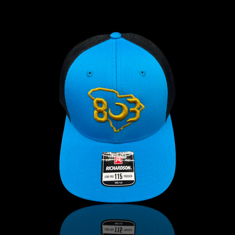 803 Richardson 115 Low Profile Cyan Black Trucker Hat