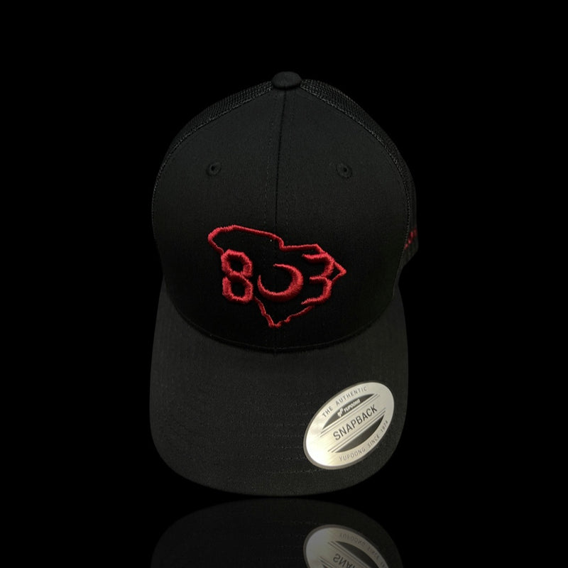 803 Yupoong Carolina Black Widow Garnet Trucker Hat