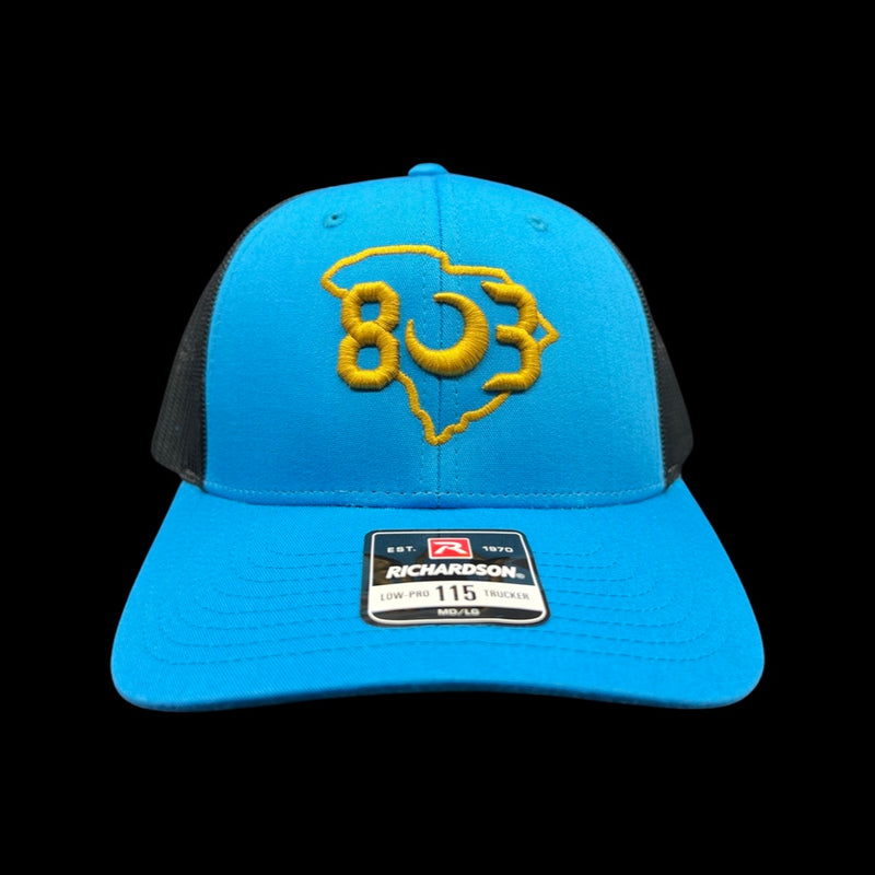 803 Richardson 115 Low Profile Cyan Black Trucker Hat