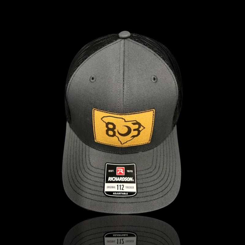 803 Richardson Charcoal - Black Genuine Leather Patch Trucker