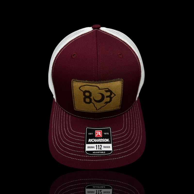 803 Richardson Garnet White Genuine Leather Patch Trucker