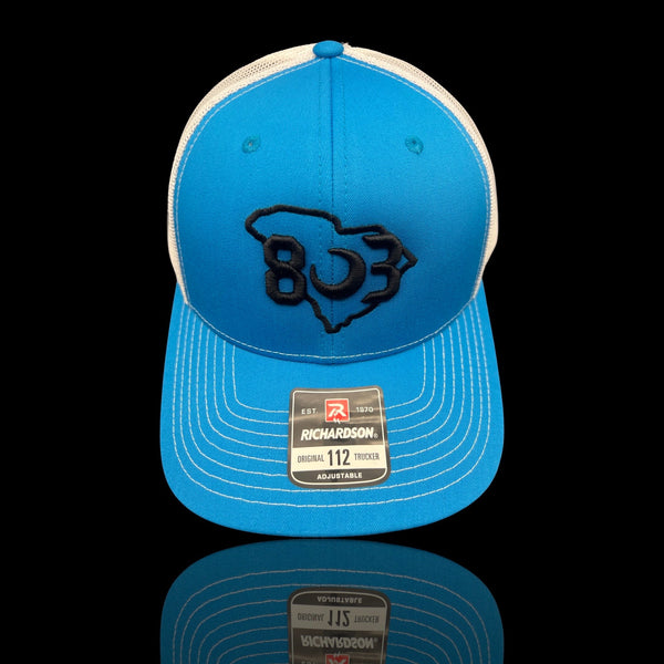 803 Richardson Cyan Blue White Trucker Black Logo