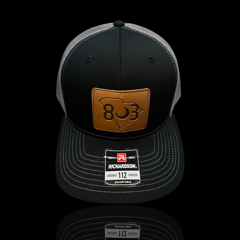 803 Richardson Black - Steel Leather Patch Trucker