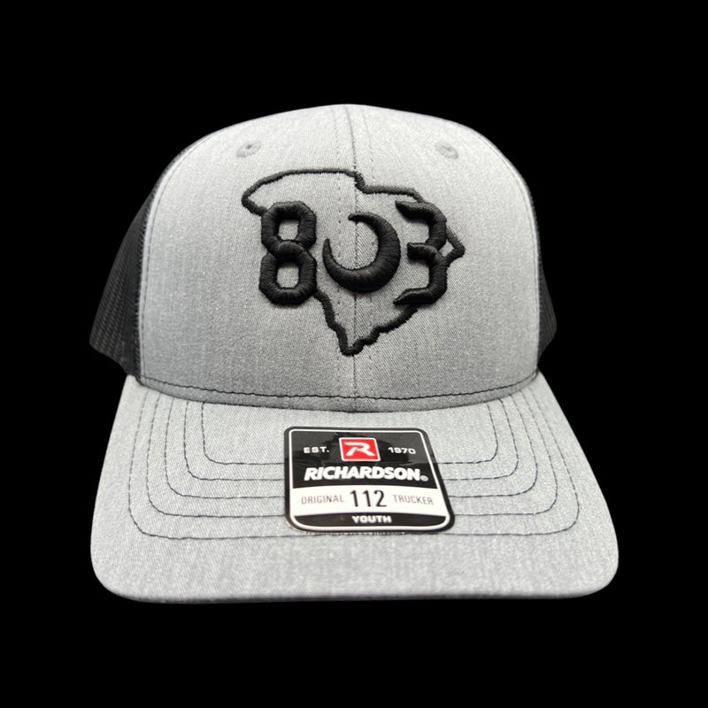 803 Richardson Heather Grey Black Youth Trucker Hat