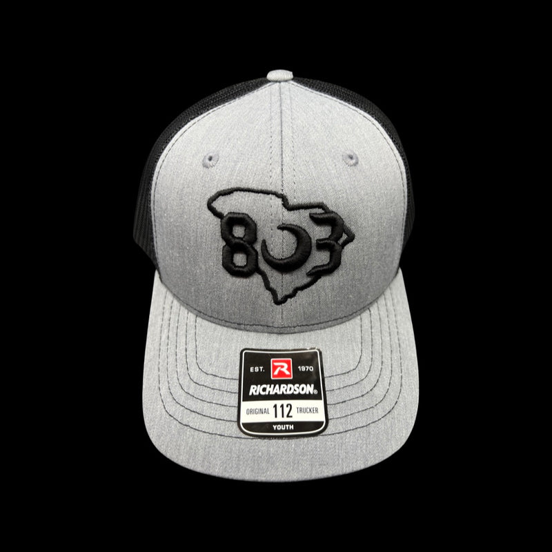 803 Richardson Heather Grey Black Youth Trucker Hat