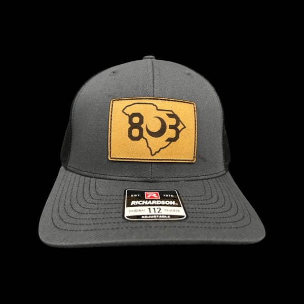 803 Richardson Charcoal - Black Genuine Leather Patch Trucker