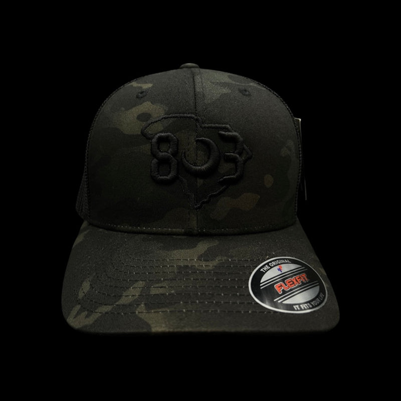 803 Flexfit Black Camo Fitted Mesh Trucker Hat (2 Colors)