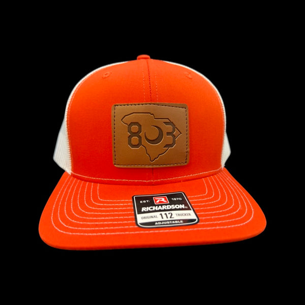 803 Richardson Orange - White Leather Patch Trucker