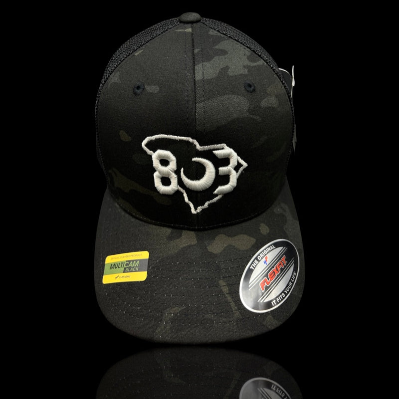 803 Flexfit Black Camo Fitted Mesh Trucker Hat (2 Colors)