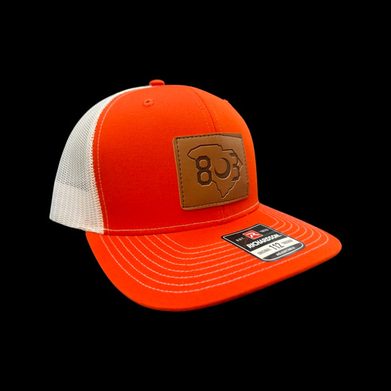 803 Richardson Orange - White Leather Patch Trucker