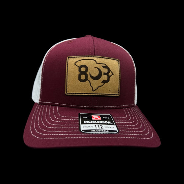 803 Richardson Garnet White Genuine Leather Patch Trucker