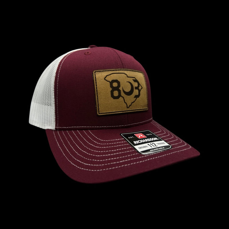 803 Richardson Garnet White Genuine Leather Patch Trucker