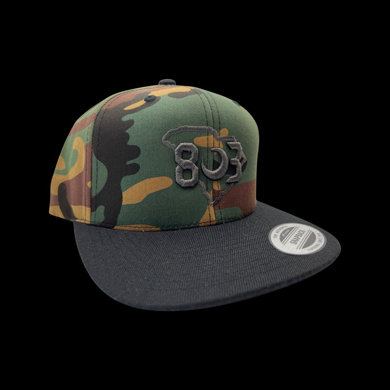 803 Yupoong Flatbill Snapback Hat Camo Black